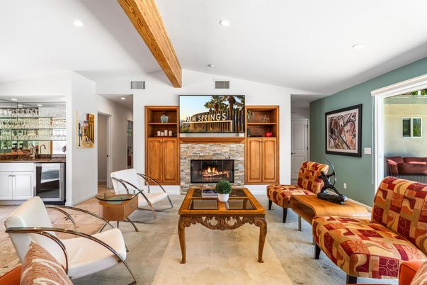 Fireplace, Interior, Living room, Recessed Lighting, Wooden Beams