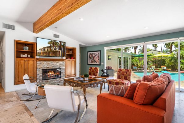 Fireplace, Interior, Living room, Recessed Lighting, Wooden Beams