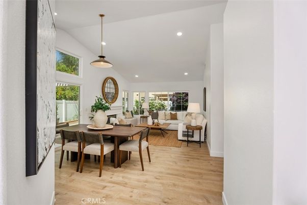 Dining room, Interior, Living room, Pendant Lights, Recessed Lighting, Wood Texture Flooring