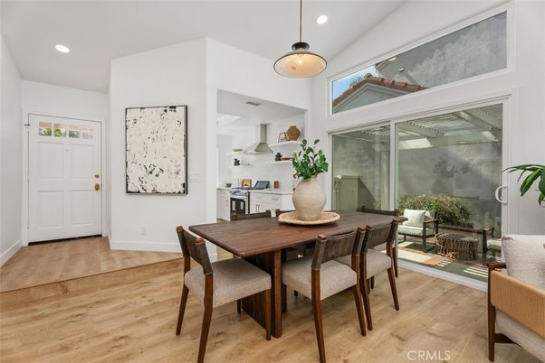 Dining room, Interior, Pendant Lights, Recessed Lighting, Wood Texture Flooring