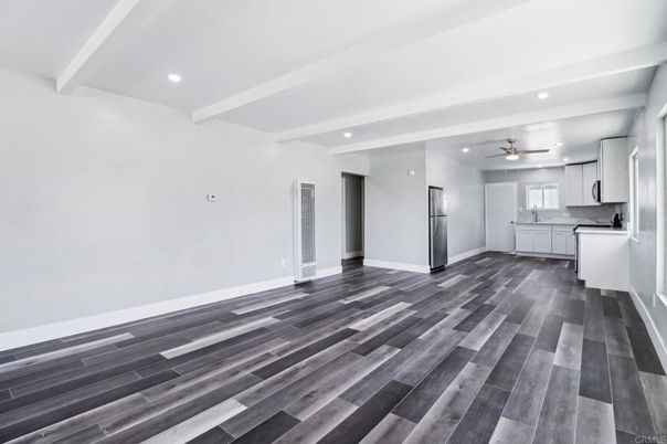 Empty room, Interior, Kitchen, Recessed Lighting, Wood Texture Flooring