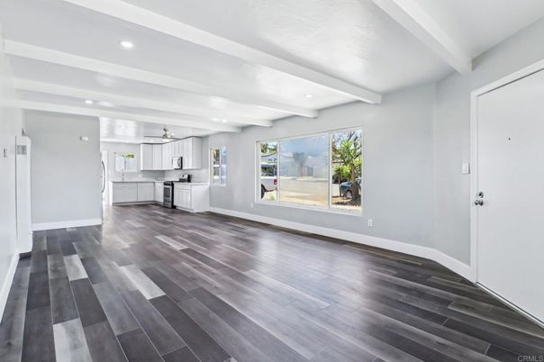 Empty room, Interior, Kitchen, Recessed Lighting, Wood Texture Flooring