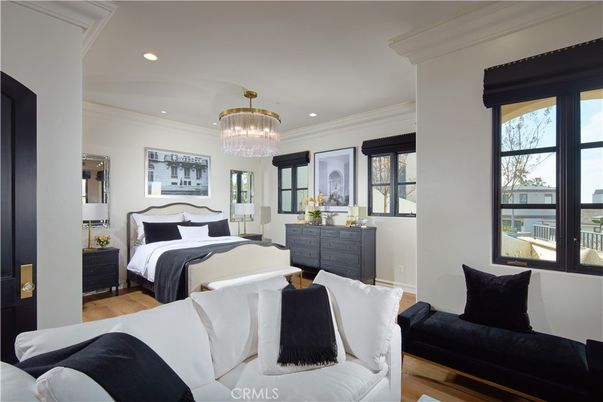 Bedroom, Chandelier, Interior, Recessed Lighting, Wood Texture Flooring