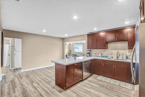 Interior, Kitchen, Recessed Lighting, Wood Texture Flooring