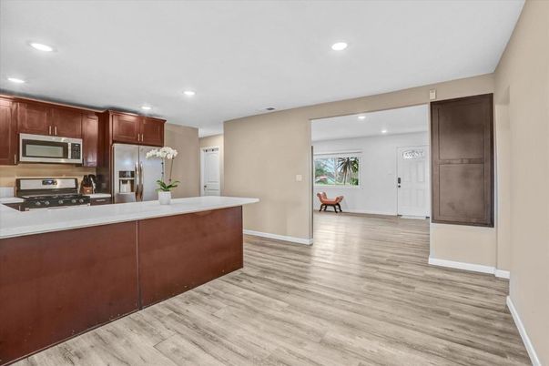 Interior, Kitchen, Recessed Lighting, Stainless Steel Appliances, Wood Texture Flooring