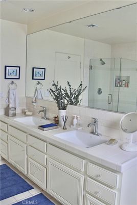 Bathroom, Dual Sink Vanities, Glass Shower, Interior, Recessed Lighting, Tile Countertops