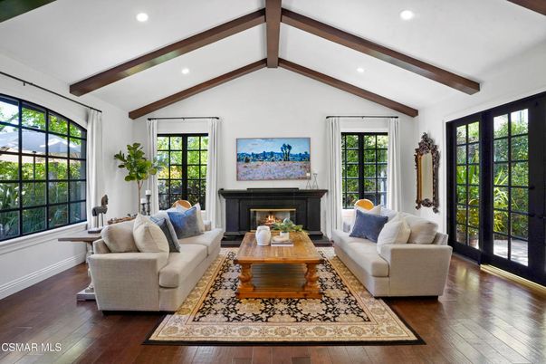 Fireplace, Interior, Living room, Recessed Lighting, Wooden Beams, Wood Texture Flooring