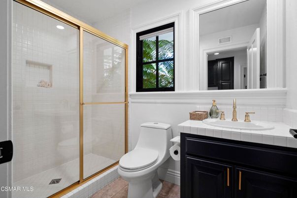 Bathroom, Glass Shower, Interior, Recessed Lighting, Tile Countertops
