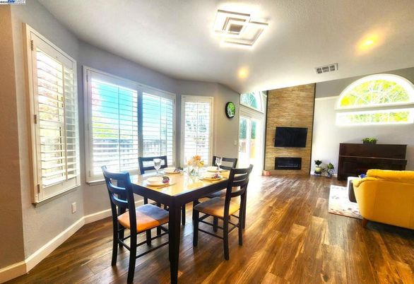 Dining room, Fireplace, Interior, Living room, Stone Walls, Wood Texture Flooring