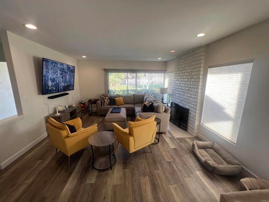 Fireplace, Interior, Living room, Recessed Lighting, Wood Texture Flooring