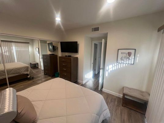 Bedroom, Interior, Recessed Lighting, Wood Texture Flooring