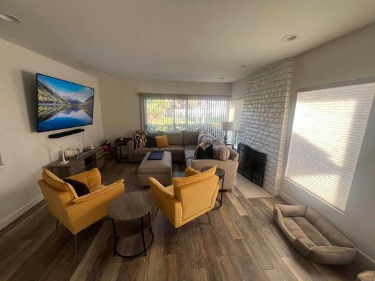 Fireplace, Interior, Living room, Recessed Lighting, Wood Texture Flooring