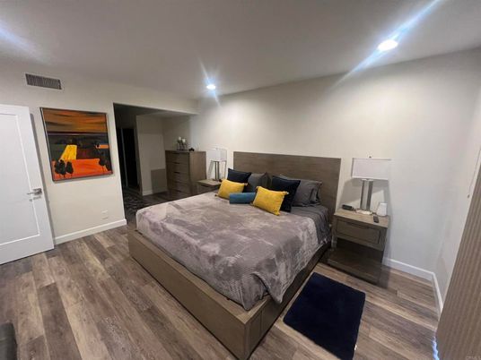 Bedroom, Interior, Recessed Lighting, Wood Texture Flooring