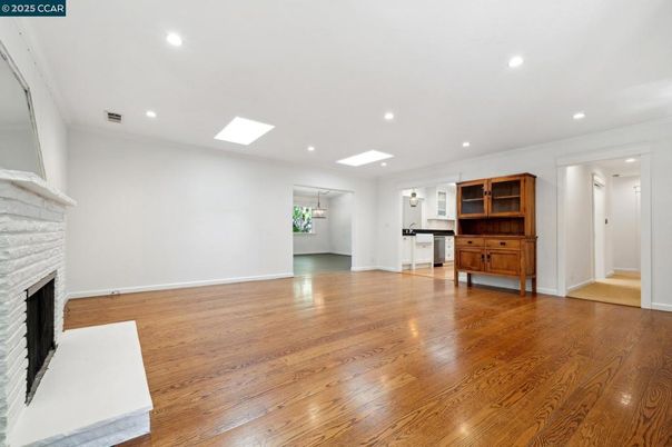 Empty room, Fireplace, Interior, Recessed Lighting, Wood Texture Flooring