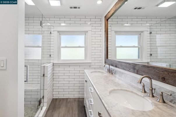 Bathroom, Dual Sink Vanities, Interior, Recessed Lighting, Wood Texture Flooring