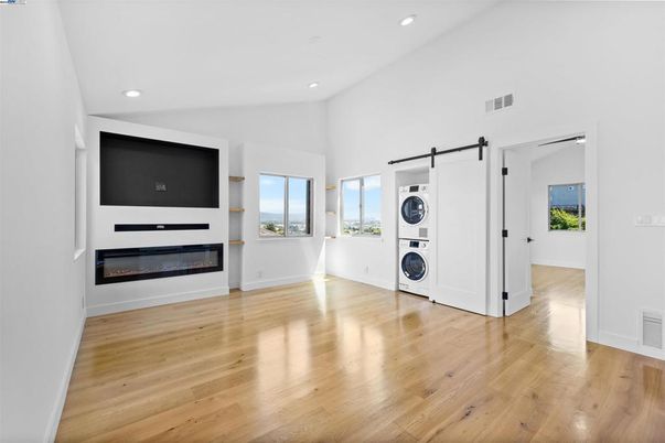 Empty room, Fireplace, Interior, Recessed Lighting, Washer, Wood Texture Flooring