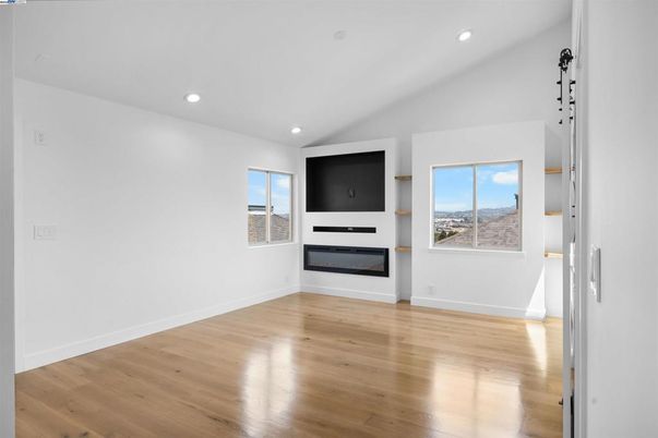 Empty room, Fireplace, Interior, Recessed Lighting, Wood Texture Flooring