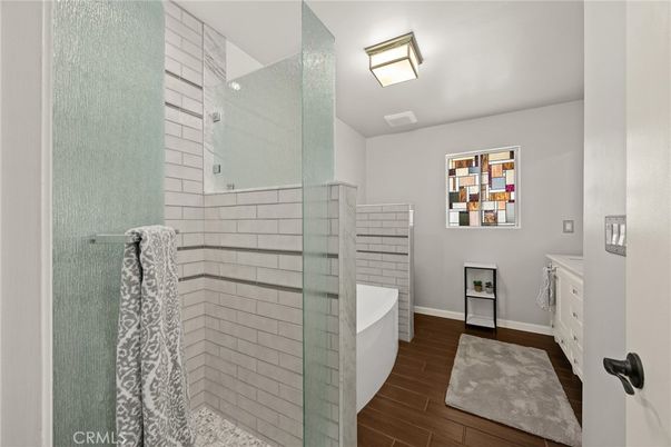 Bathroom, Glass Shower, Interior, Wood Texture Flooring