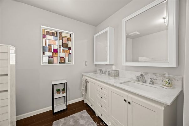 Bathroom, Dual Sink Vanities, Interior, Wood Texture Flooring