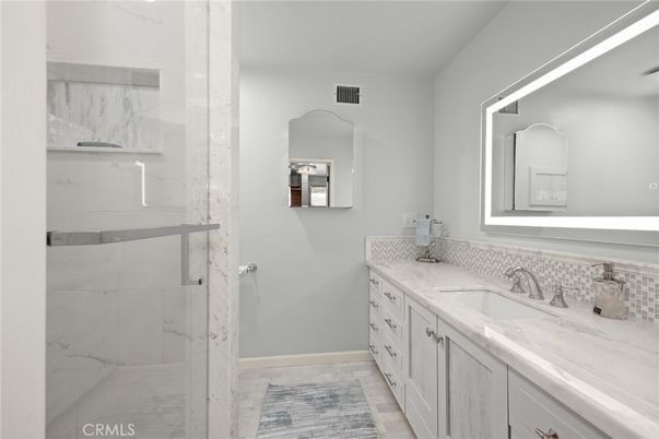 Bathroom, Dual Sink Vanities, Glass Shower, Interior, Marble Walls