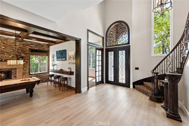 Billiard Table, Fireplace, Game Room, Interior, Piano, Stone Walls, Wooden Beams, Wood Texture Flooring