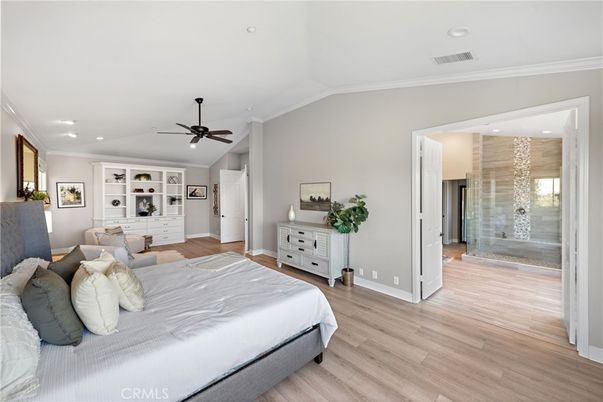 Bathroom, Bedroom, Glass Shower, Interior, Recessed Lighting, Wood Texture Flooring