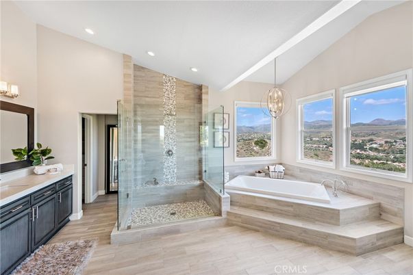 Bathroom, Glass Shower, Interior, Pendant Lights, Recessed Lighting, Wood Texture Flooring