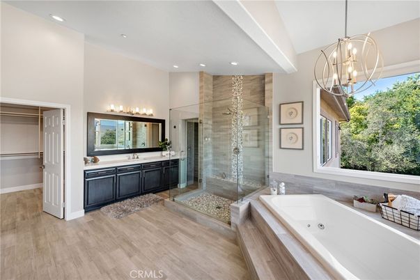 Bathroom, Glass Shower, Interior, Pendant Lights, Recessed Lighting, Wood Texture Flooring