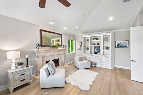 Fireplace, Interior, Living room, Recessed Lighting, Wood Texture Flooring