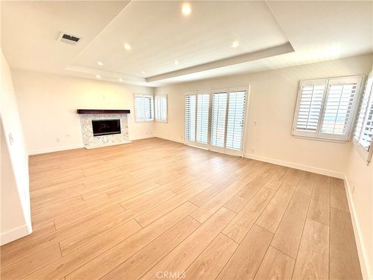 Empty room, Fireplace, Interior, Recessed Lighting, Wood Texture Flooring