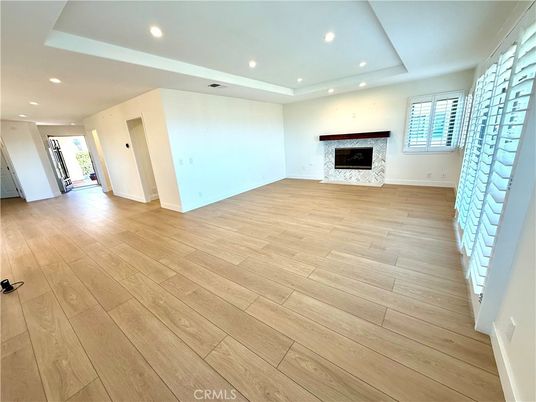 Empty room, Fireplace, Interior, Recessed Lighting, Wood Texture Flooring
