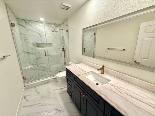 Bathroom, Glass Shower, Interior, Marble, Marble Walls, Recessed Lighting