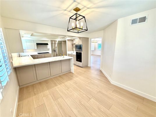 Interior, Kitchen, Pendant Lights, Stainless Steel Appliances, Wood Texture Flooring
