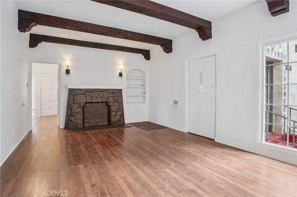 Empty room, Fireplace, Interior, Wooden Beams, Wood Texture Flooring