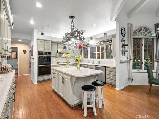 Chandelier, Interior, Kitchen, Recessed Lighting, Stainless Steel Appliances, Wood Texture Flooring