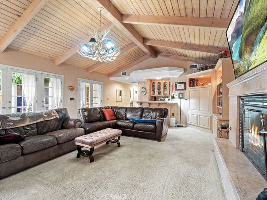 Fireplace, Interior, Living room, Pendant Lights, Recessed Lighting, Wooden Beams, Wooden Ceilings
