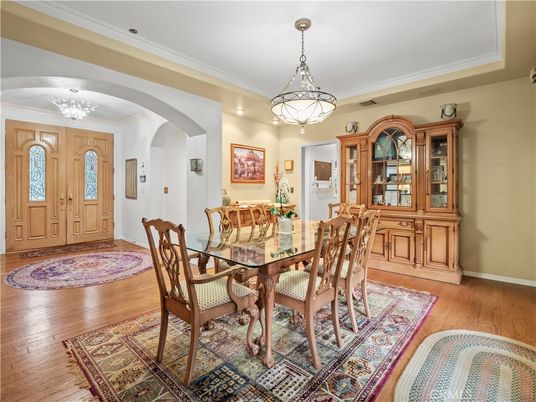 Chandelier, Dining room, Interior, Wood Texture Flooring