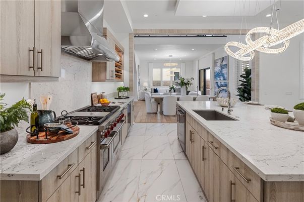 Dining room, Interior, Kitchen, Living room, Marble, Pendant Lights, Recessed Lighting, Stainless Steel Appliances