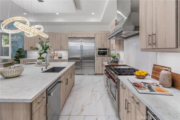 Interior, Kitchen, Marble, Pendant Lights, Recessed Lighting, Stainless Steel Appliances