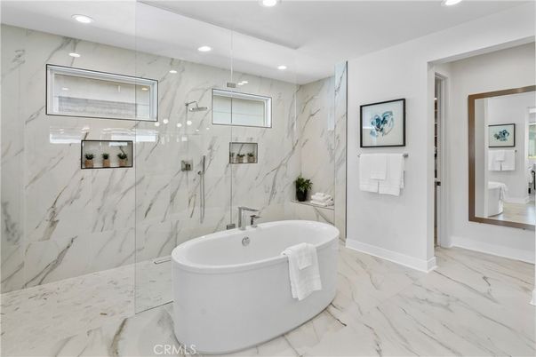 Bathroom, Free Standing Baths, Glass Shower, Interior, Marble, Marble Walls, Recessed Lighting