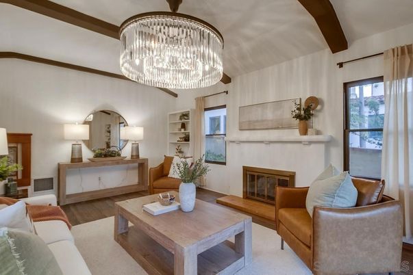 Chandelier, Fireplace, Interior, Living room, Wooden Beams, Wood Texture Flooring
