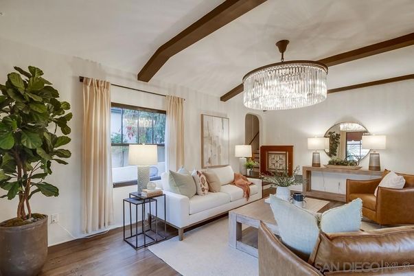Chandelier, Interior, Living room, Wooden Beams, Wood Texture Flooring
