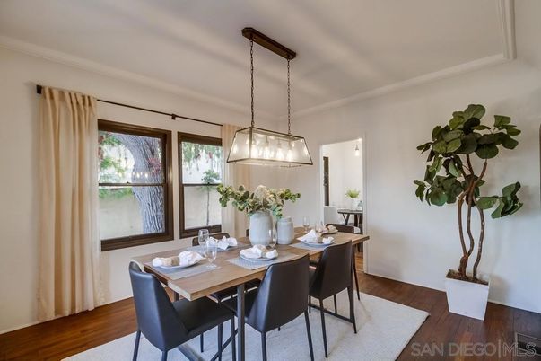 Dining room, Interior, Pendant Lights, Wood Texture Flooring