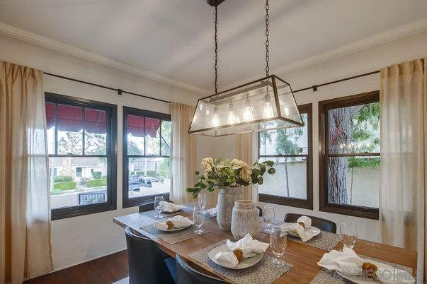Dining room, Interior, Pendant Lights, Wood Texture Flooring