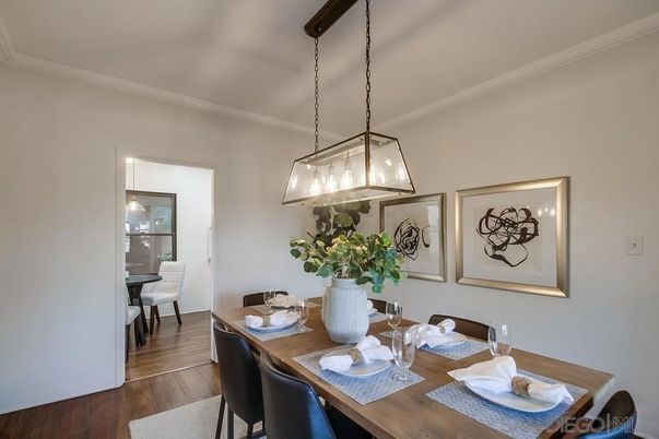 Dining room, Interior, Pendant Lights, Wood Texture Flooring