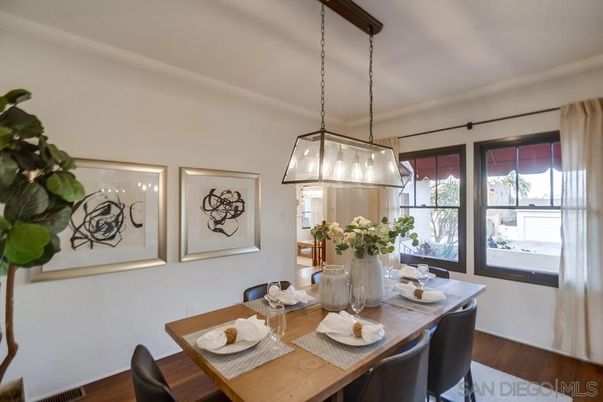 Dining room, Interior, Pendant Lights, Wood Texture Flooring