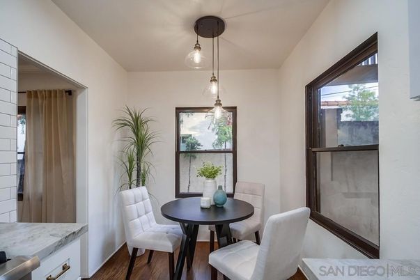 Dining room, Interior, Pendant Lights, Wood Texture Flooring
