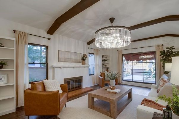 Chandelier, Fireplace, Interior, Living room, Wooden Beams, Wood Texture Flooring