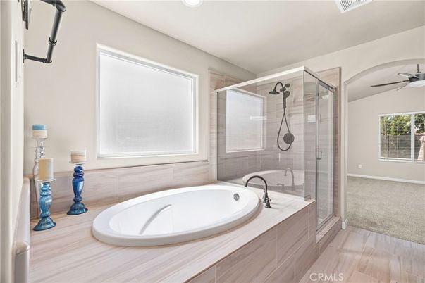 Bathroom, Glass Shower, Interior, Recessed Lighting, Wood Texture Flooring