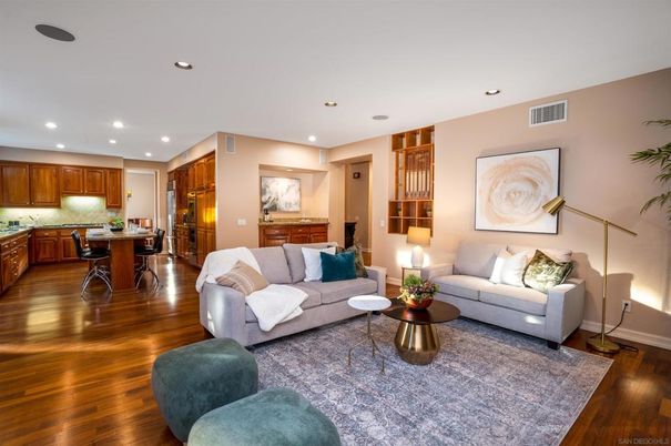 Dining room, Interior, Kitchen, Living room, Recessed Lighting, Wood Texture Flooring